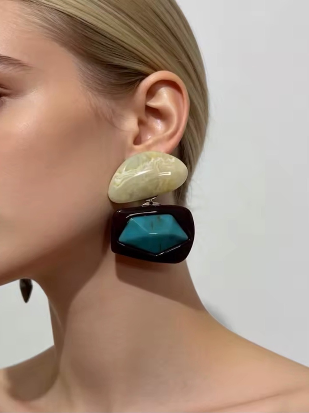 Statement Blue, Brown & Cream Resin Drop Earrings